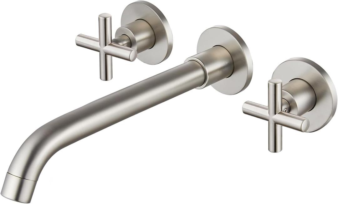Midanya Wall Mounted Bathroom Sink Faucet,Double Handle 3 Holes Widespread Vanity Sink Mixer Tap with Rough in Valve Dual Cross Handles Faucets,Brushed Nickel