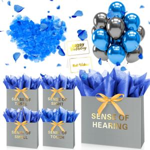 Linelglobal 5 Sense Gift Bag for Men Women with Tissue Paper, 12.6" Anniversary Bag for Him Her Birthday Blue Grey