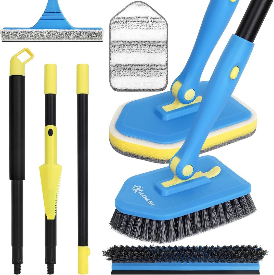 Tile Tub Scrubber Brush with 5 Different Function Cleaning Heads and 51" Extendable Long Handle Non Scratch Shower Scrubber for Cleaning Bathroom Kitchen Toilet Wall Bathtub Sink