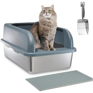 Enclosed Stainless Steel Cat Litter Box, Upgraded XXL Extra Large Litter Box for Big Cats, Metal Litter Box High Sided, Easy Cleaning, Include Litter Scoop (with cat mat)