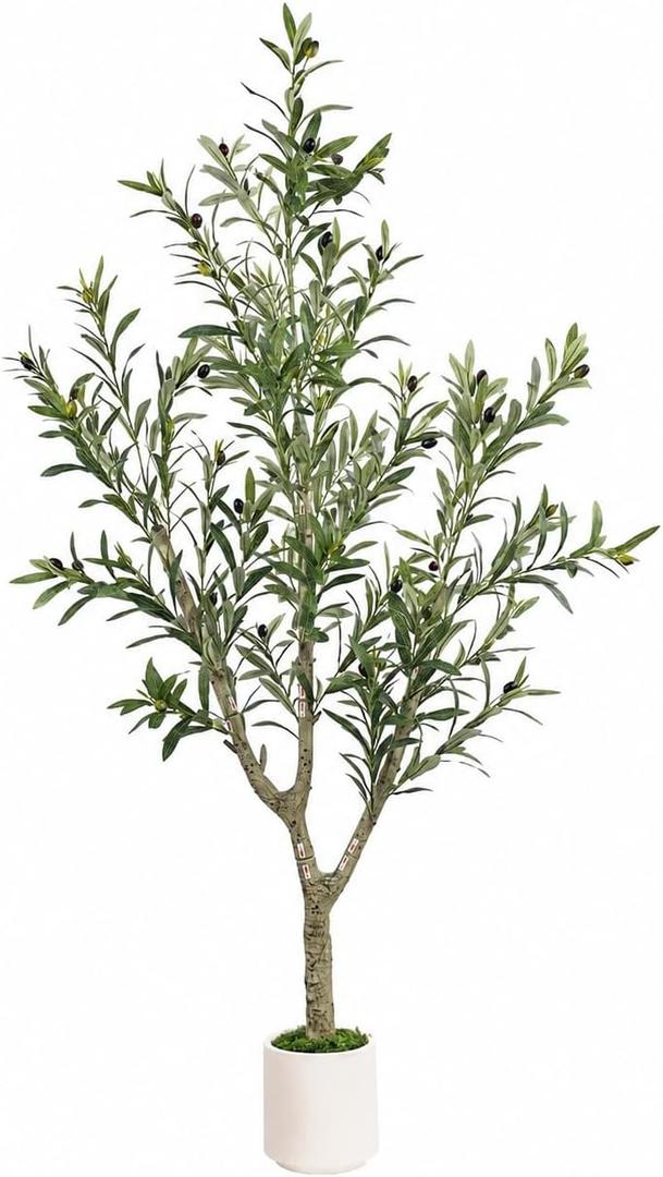 Olive Trees Artificial Indoor, 5ft Tall Olive Tree with White Planter, Faux olive tree with Natural Wood Trunk & Realistic Leaves & Lifelike Fruits, Artificial Plants for Home Decor Office Living Room