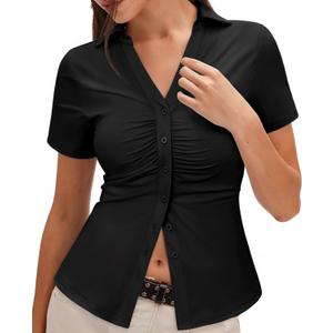 Gleeivy Short Sleeve Button Up Women Y2k Ruched Tops with Collared Slim Fitted Shirts Womens Button Down Blouse Stretchy 2026 Summer Fashion Outfit Black S (Black, S)