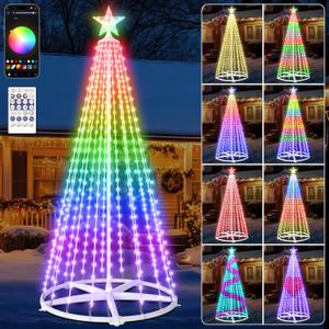 8FT Smart Christmas Cone Tree, 406 LED Prelit Outdoor Christmas Tree Lights with App & Remote Control and Music Sync, DIY Multi-Color Large Artificial Christmas Tree for New Year Decoration