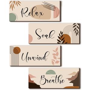 Yulejo 4 Pcs Boho Bathroom Wall Decor Bathroom Wall Arts Relax Soak Unwind Breathe Wooden Sign Rustic Farmhouse Paintings for Home Washroom