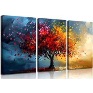 Qenundme 3pcs Tree of life Canvas Wall Art for Living Room Wall Decor Artwork Large Abstract Colorful Blooming Tree Pictures Paintings Modern Tree Poster Prints Bedroom Office Home Decor 12X16in (16L" x 12W")