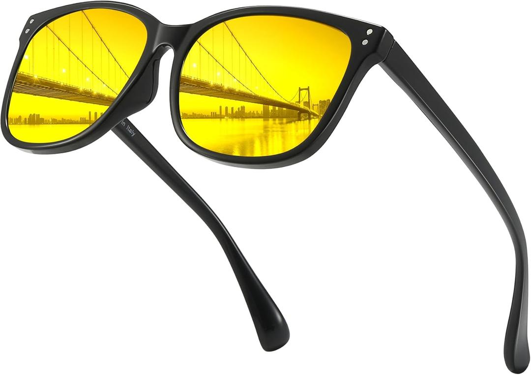 LVIOE Night Driving Glasses for Women Men, Anti Glare Night Vision Glasses Polarized Yellow Lens for Driving UV400 Protection (A01 Black Frame/ Night Vision)