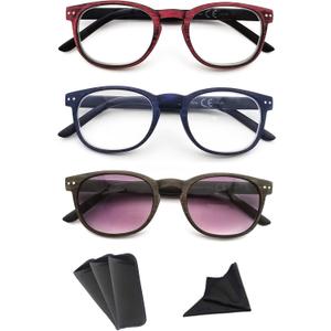 Reading Glasses Men Women Wood Grain Pattern Readers +0.75 With Sunglasses Readers 3 Pack