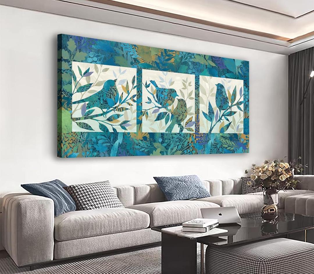 Large Blue Birds Wall Art for Living Room Decor Framed Art Plant Tree Branch Canvas Pictures Modern Artwork Animal Botanical Canvas Prints for Bedroom Kitchen Home Office Wall Decor 20" x 40"