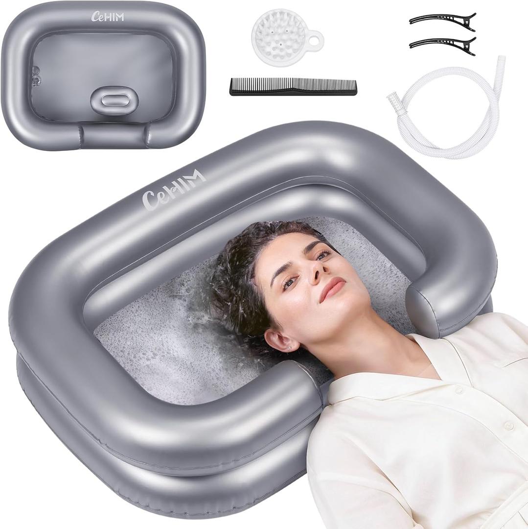 Inflatable Shampoo Basin - Portable Shampoo Bowl, Hair Washing Basin for Bedridden, Disabled,Injured, Hair Wash Tub for Dreadlocks and at Home Sink Washing (Silver, 20in Inner)