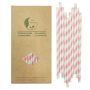 Cute Pink Striped Paper Straws, 100 Pack Pink and White Drinking Straws for Cake Pop Sticks, Princess Party Wedding Decoration - 100% Biodegradable