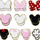 20Pcs Mouse Themed Patch, Pink Mouse Chenille Patches Gold Edges Bowknot Iron On Patch for Bags Hat DIY Clothing Repair