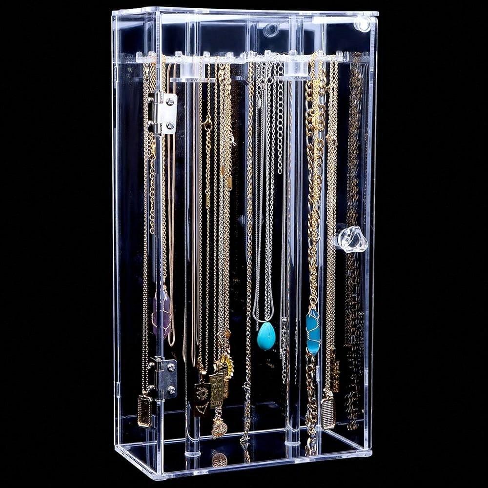 Acrylic Necklace Holder Stand,Clear Necklace Organizer with 24 Hooks,Dustproof Rotation Jewelry Storage Holder,Enclosed Long Necklaces Display Rack Pendant Bracelets Display Case Jewelry Display Box