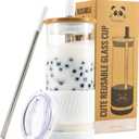 Pandaloo Glass Cups With Lids and Straws -20 Fl Oz- Perfect Size Iced Coffee Cup - Smoothie Cup With Bamboo Lid and On the go Lid - Glass Tumbler With Straw (1 Count (Pack of 1), Coton White)