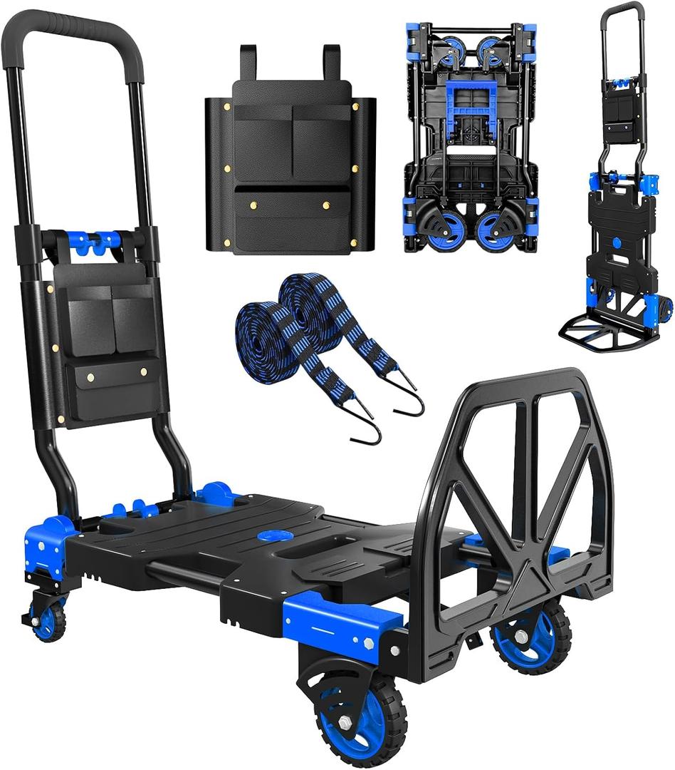 Folding Hand Truck, 2 in 1 Portable Heavy Duty Carrying Moving Dolly Cart with 4 Foldable Wheels and Retractable Handle Duty 330lbs (Blue)