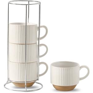 HASENSE 15oz Coffee Mug Set of 4 - Stackable Ceramic Mugs with Holder - White & Light Brown Coffe Cups Set for Cappuccino, Tea, Hot Cocoa, Drinks - Wedding & Housewarming Gifts, Everyday Use