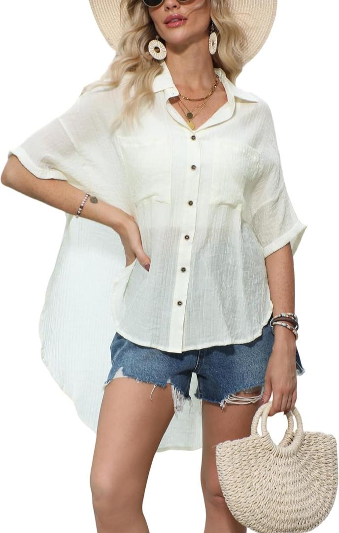 Kumufenc Womens Swimsuit Cover Up Summer Bathing Suit Coverup Gauze Button Down Short Sleeve Shirts (Beige, L)
