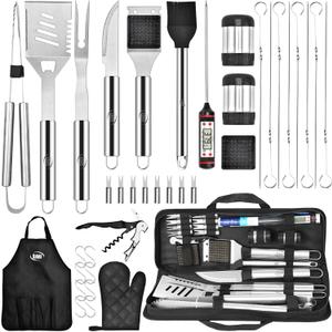 Kaluns Grilling Accessories, Dad Gifts for Christmas Grilling Gifts, Heavy Duty Stainless Steel Grill Set BBQ Grill Accessories for Outdoor Grill with Meat Thermometer, Case and Apron