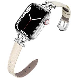 D-Shape Metal Buckle Compatible with Apple Watch Band 49mm 45mm 44mm 42mm Leather Strap Replacement Strap for iWatch Series Ultra 2/Ultra 9/8/7/6/5/4/3/2/1/SE/SE2 (Beige-Silver)