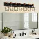 IZORRO Farmhouse Bathroom Vanity Light, 7-Light Wood Bathroom Light Fixtures Over Mirror, Black Industrial Vanity Lights with Metal Shade, Rustic Restroom Lighting Fixtures