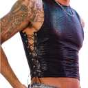 SHENHE Men's Y2k PU Leather Lace Up Tank Tops Mesh Sleeveless Punk Clubwear Cropped Vest (Black, S)