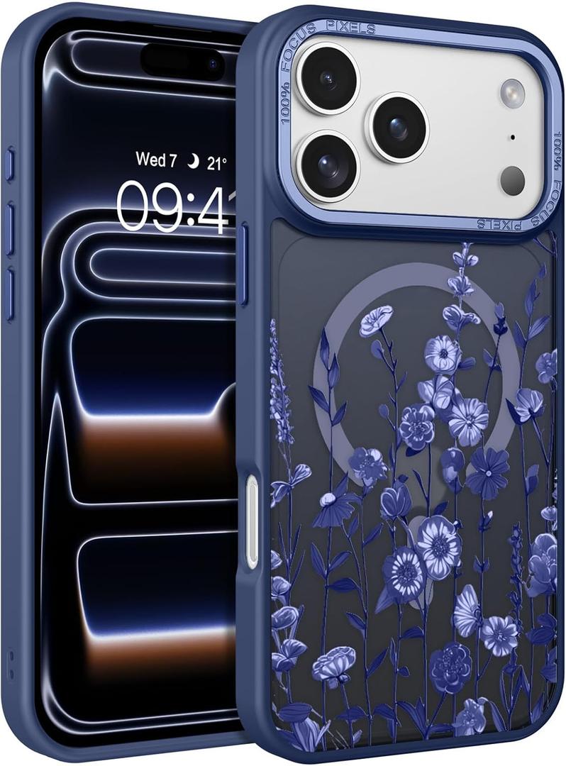 DOMAVER for iPhone 17 Pro Max Case, Magnetic Phone Case for iPhone 17 Pro Max [Compatible with MagSafe] Slim Fit Flowers Floral Design Shockproof Protective Bumper Women Men Girls Cover - Deep Blue