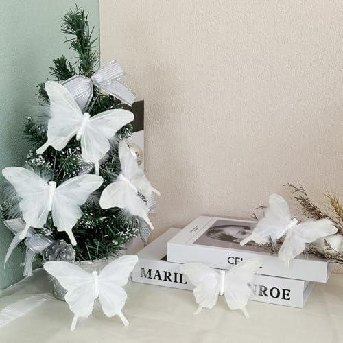 10 PCS White Feather Butterfly Glitter Butterflies Ornaments Clips on for Spring Christmas Tree Crafts Flower Bouquets Fairy Garden Wedding Home(White)