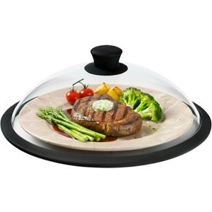 OEC Vented Splatter Guard Microwave Glass Cover for Food with Easy-Grip Handle, 12.5 inch (Inner Diameter 11.8), Food Grade Tempered Glass, BPA Free Silicone Rim with Steam Vent - Dishwasher Safe (Black)