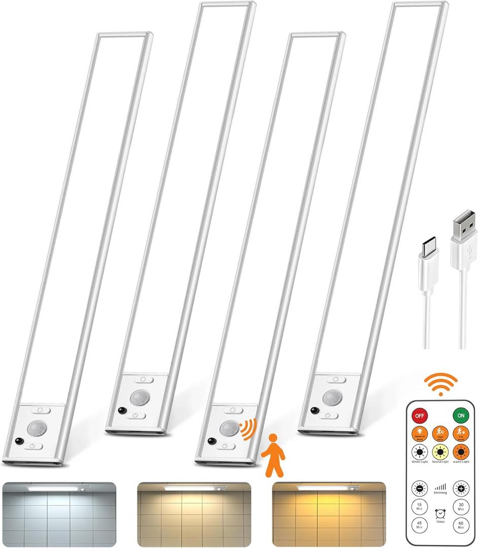 Under Cabinet Lighting with Remote Control, 2500mAh USB Rechargeable Motion Sensor Light Indoor, 350 Lumen LED Closet Lights, 3 Color Temps Wireless Under Counter Lights for Kitchen, Pantry, Stair, 4 Pack Under Cabinet Lighting with Remote Control, 2500mAh USB Rechargeable Motion Sensor Light Indoor, 350 Lumen LED Closet Lights, 3 Color Temps Wireless Under Counter Lights for Kitchen, Pantry, Stair, 4 Pack