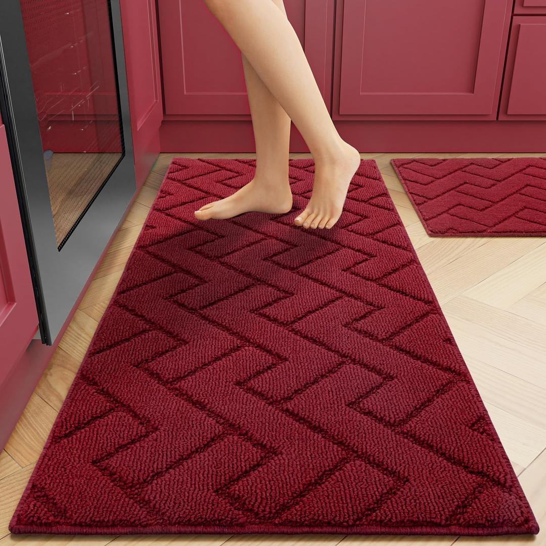 Hicorfe Kitchen Rugs and Mats Sets,2 Pieces Super Absorbent Polypropylene Non-Slip Rug,Soft Comfort Floor Mat,Machine Wash for Kitchen,Hallway,Office,Sink,Laundry(20" x 32"+20" x 48",Red