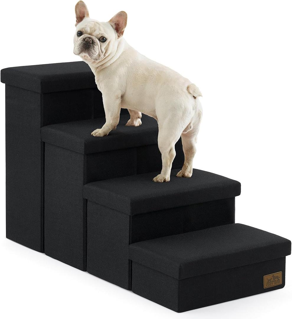 Dog Stairs with Storage, 4-Step Wider Sturdy Dog Steps for Small/Medium/Large Dogs and Older Cats, Folding Doggie Ramp for Bed/Couch/Car Hold Up to 180 lbs (22" H, Black)