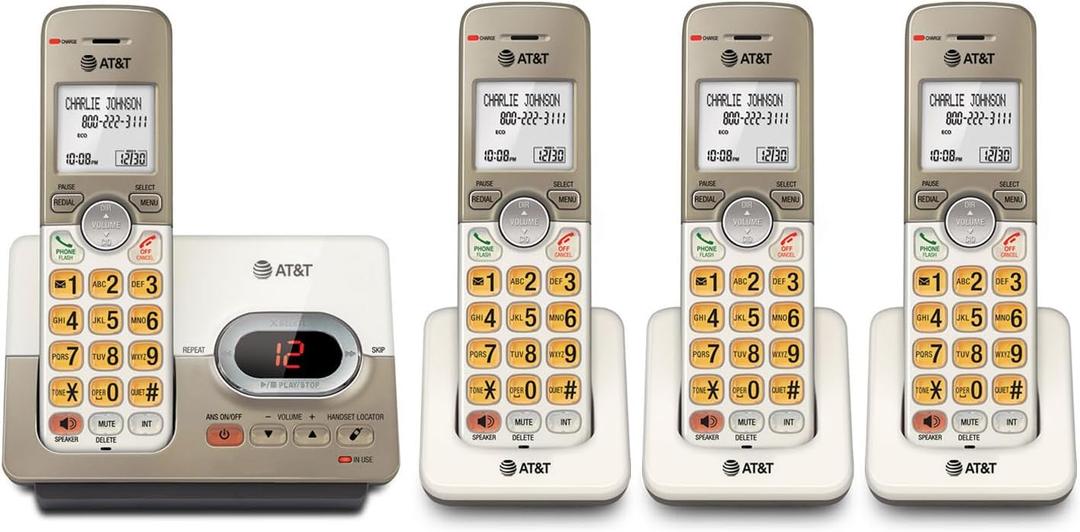 AT&T EL52413 4-Handset Cordless Phone with Digital Answering System, Extra-Large Backlit Keys, Caller ID/Call Waiting, DECT 6.0, Speakerphone Light Champagne