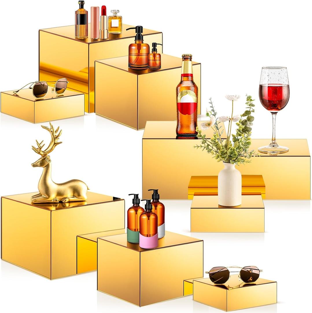 Suzile 9 Pcs Acrylic Buffet Risers Display Box Cube 5 Sided Food Riser Table Stand for Display with Hollow Bottoms for Party,3 Size(Gold)