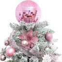 Pink Christmas Tree Topper 8 Inch Mirror Disco Ball Tree Topper, Cool and Fun Disco Ball for Xmas Tree Decorations, Ideal for DJ Club, Party, Wedding and Home Décor