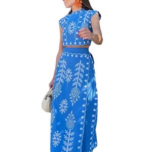 THLAI Women's Bohemian Floral Printed 2 Piece Set Crop Tank Top & Beach Party Maxi Dress Set Outfit Blue S /M