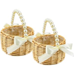 Wicker Rattan Flower Girl Basket with Bows 2pcs/pack,Pearl Handle Flower Basket,for Wedding and Home Decorations.