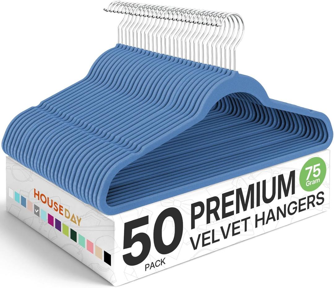 HOUSE DAY Premium Velvet Hangers 50 Pack Blue, Non-Slip Flocked Felt Hangers, Sturdy Clothes Hanger with 360 Rotatable Hook, Heavy Duty Durable Slim Coat Hanger for Closet Space Saving