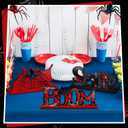 6 Pcs Spider Bithday Party Decoraions Spider Wooden Table Decorations Red and Blue Pattem Design Happy Birthday Table Centerpiece Sign for Boy Cartoon Party Supplies