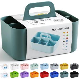 Multiuse Caddy Organizer with Handle, Portable Divided Plastic Tote Bin - Art Craft, Stationary Pen Marker Crayons, Makeup Hair Supplies Storage - Bathroom, Classroom, Dorm, Office, Desk Holder - Cyan