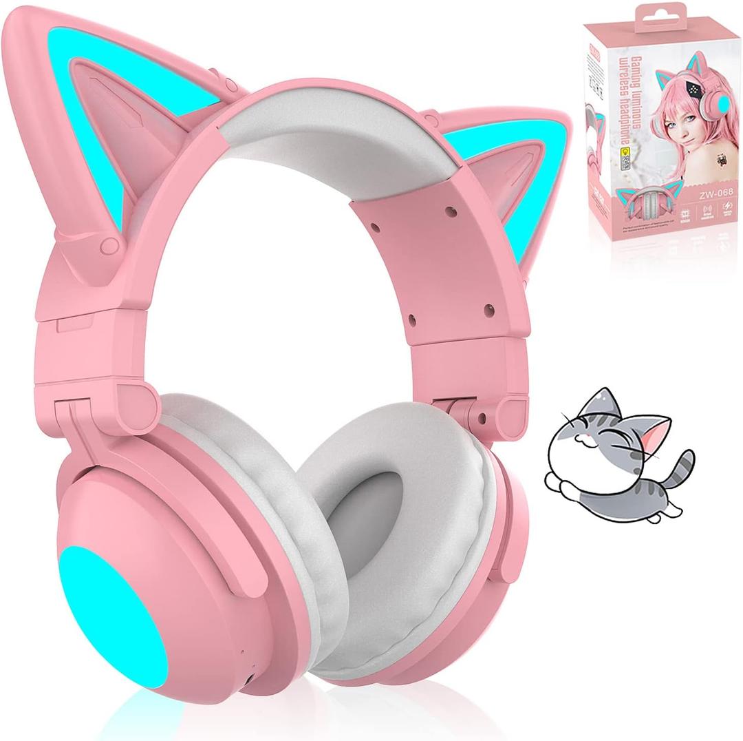 Cat Ear Bluetooth Headphones for Adult, Kids Lovely Headphones,Over Ear Wired Headphones with LED Lights,Foldable Wireless Headset with Built-in Mic,Compatible with Phone/PC/Tablet/TV(Pink)