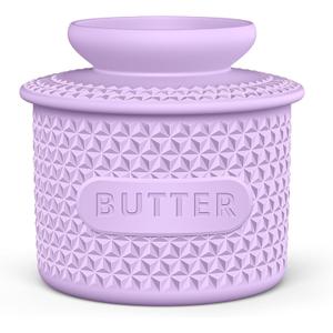 Silicone Butter Crock with Lid, French Butter Dish for Fresh Spreadable Butter, Butter Keeper to Leave On Counter, Butter Container Holder with Water Line for Kitchen and Home Decor-6oz/Purple