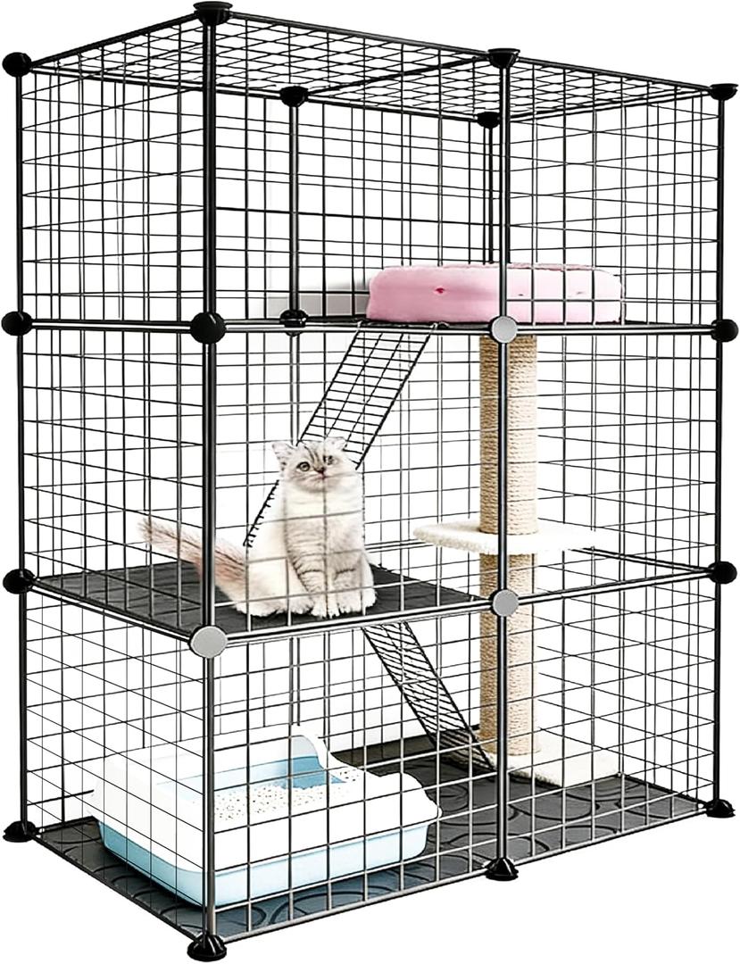 DIY Modular Cat Playpen 2x3x1 Grid | Compact Indoor Cat Enclosure | Foldable Black Wire Metal Cat Cage with Multi-Level Shelves | Fits 1 Cat (43.7" x 29.5" x 15.35")