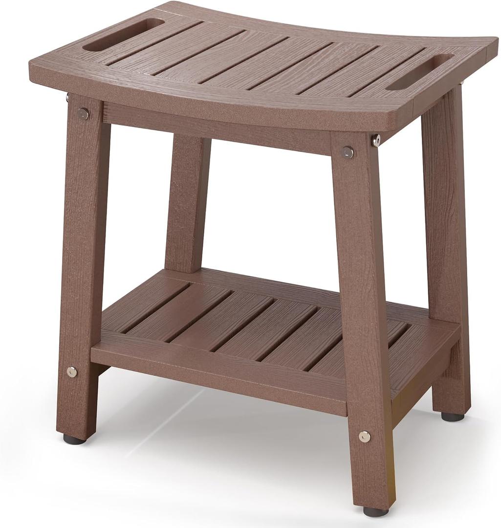 Shower Bench for Inside Shower - Espresso HDPE Shower Stool Waterproof - Spa Bathroom Seat Chair with Handle, Storage Shelf, Adjustable Feet - Indoor/Outdoor, Weather Resistant