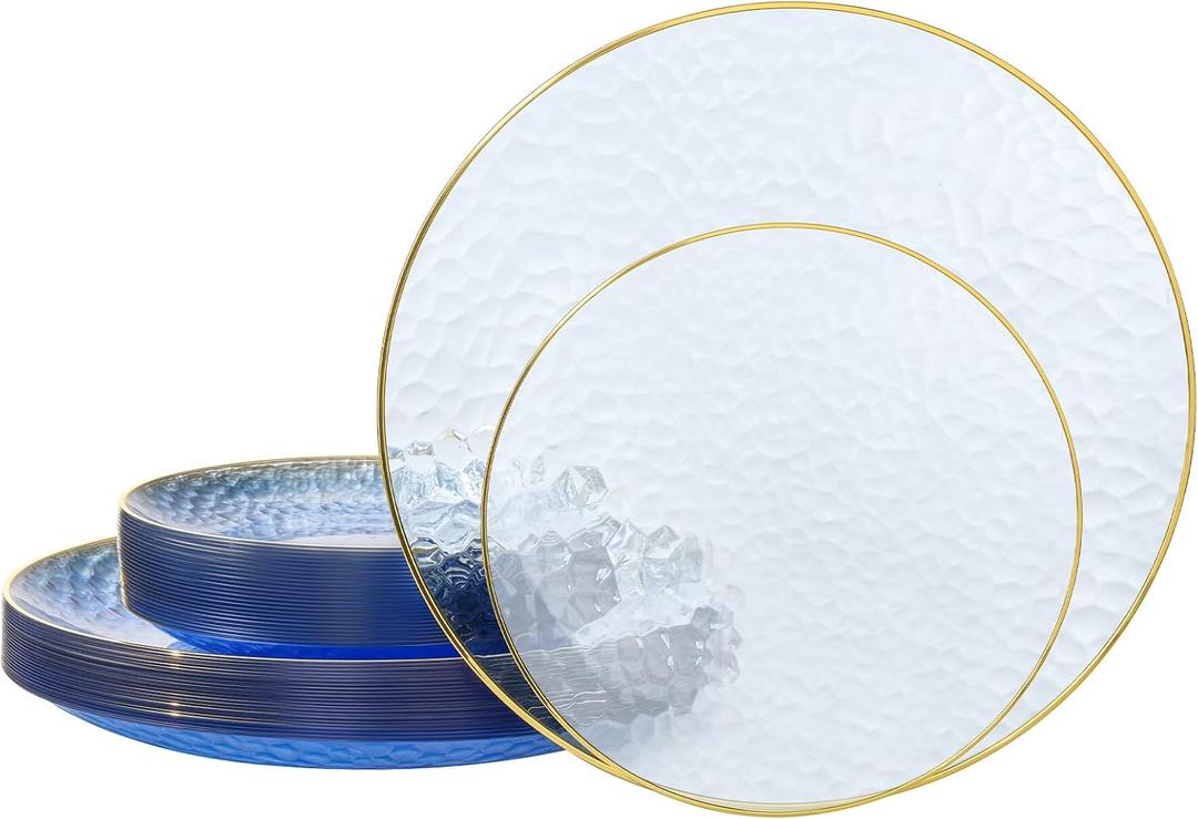 realluck 50 Pcs Clear Blue Plastic Plates with Gold Rim, Elegant Hammered Disposable Dinnerware Set (25 Dinner Plates & 25 Salad/Dessert Plates) for Party, Wedding, Bridal Shower