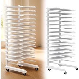 Colingmill 1 Pack 15 Tier Cabinet Doors Paint Drying Rack with Casters 16 in Rods 20 in Base White Powder Coated 15lbs/Shelf Iron Detachable Crossbars Space Saving for Painted Wood Panels Doors, 41 cm