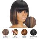 Straight Bob Wig with Bangs Human Hair Glueless 2X4 Lace Bob Wig with Black Highlights, Ready to Go Short Wigs For Women 180 Density (Breathable Cap) (Highlights-10inch, 2X4)