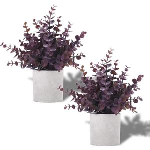 Coferset 2 Pack Small Fake Plants Eucalyptus Potted Artificial Plants Fall Decorations for Home Shelf Office Bathroom Desk Farmhouse Room Coffee Table Decor Halloween Decor (Plum)