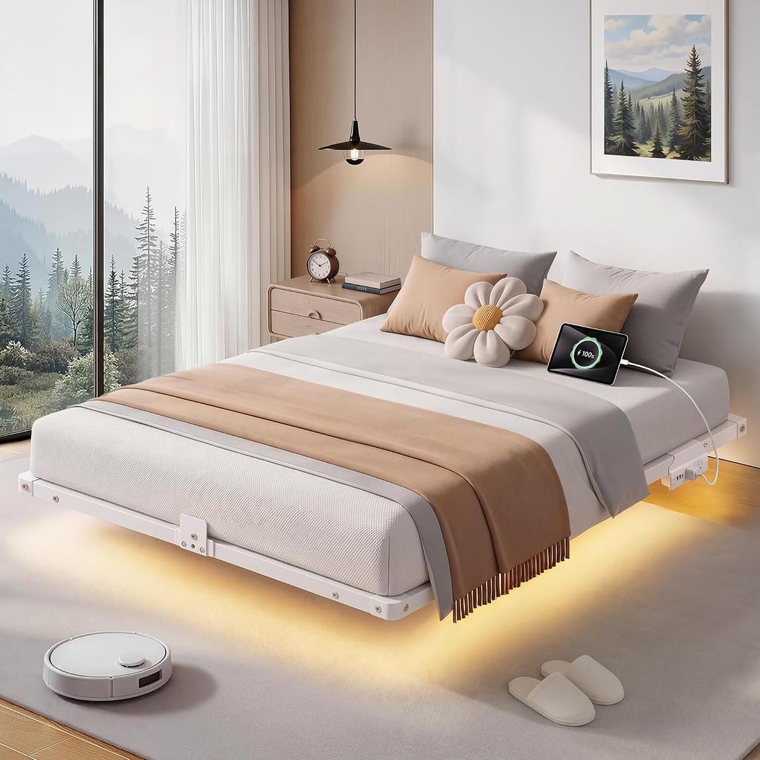 Floating Bed Frame Queen Size, 10" Comfort Height, 4-Side Underbed RGB LED Lights & Charging Station, Metal Platform Bed No Box Spring Needed, Noise-Free, 1000lbs Support for Bedroom
