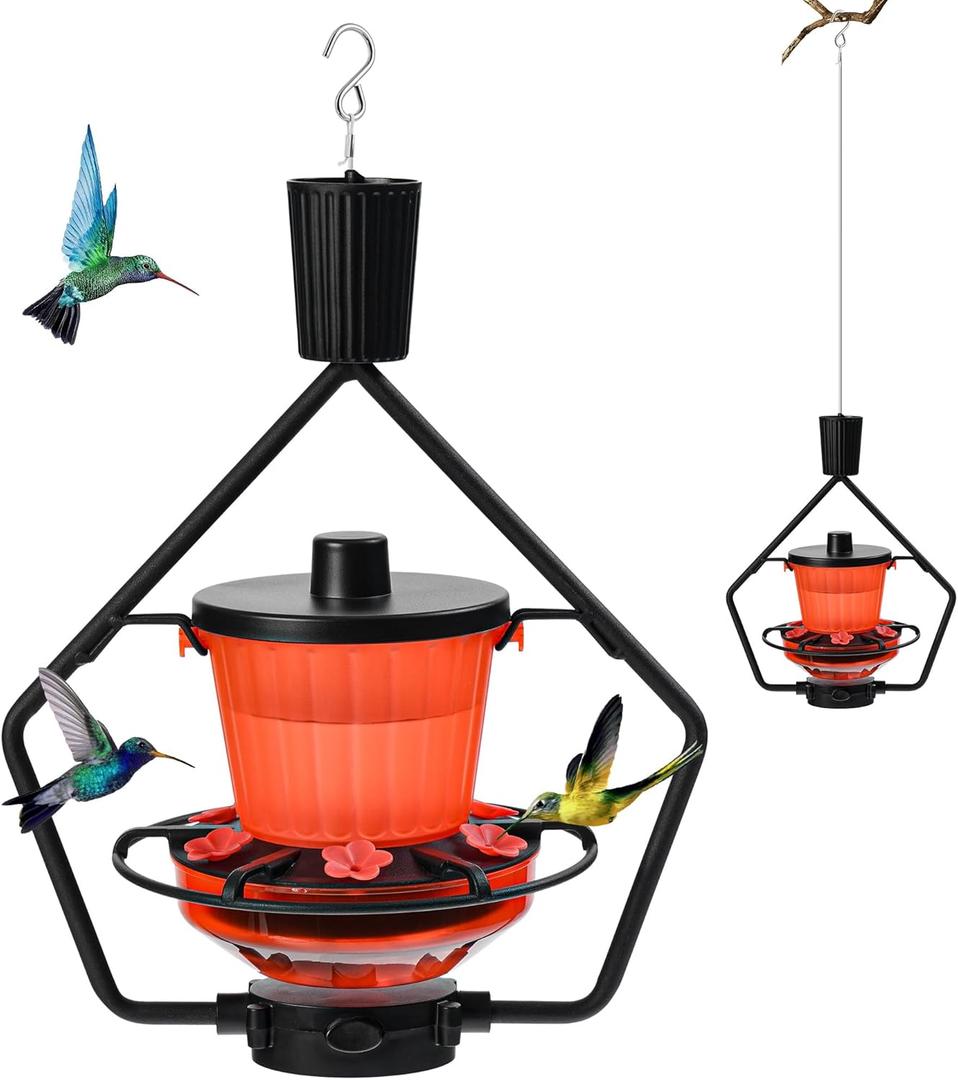 Retractable Hummingbird Feeder  6 Feeding Ports, Leak-Proof, Ant & Bee Proof, Easy Top-Fill & Easy to Clean, Durable ASA Plastic, 18.5 oz Capacity, Adjustable Hanging System with 44" Extension(Black)