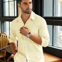 COOFANDY Men's Long Sleeve Button Down Shirts Casual Cotton Linen Shirts Summer Beach Shirt with Pocket (Beige, L)