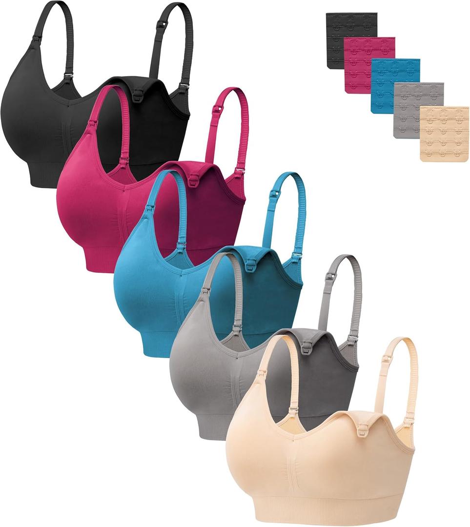 HBselect Women Maternity Bras 5 Pack Nursing Bras for Breastfeeding Seamless Pregnancy Sleep Bralette with Extra Extenders, XL